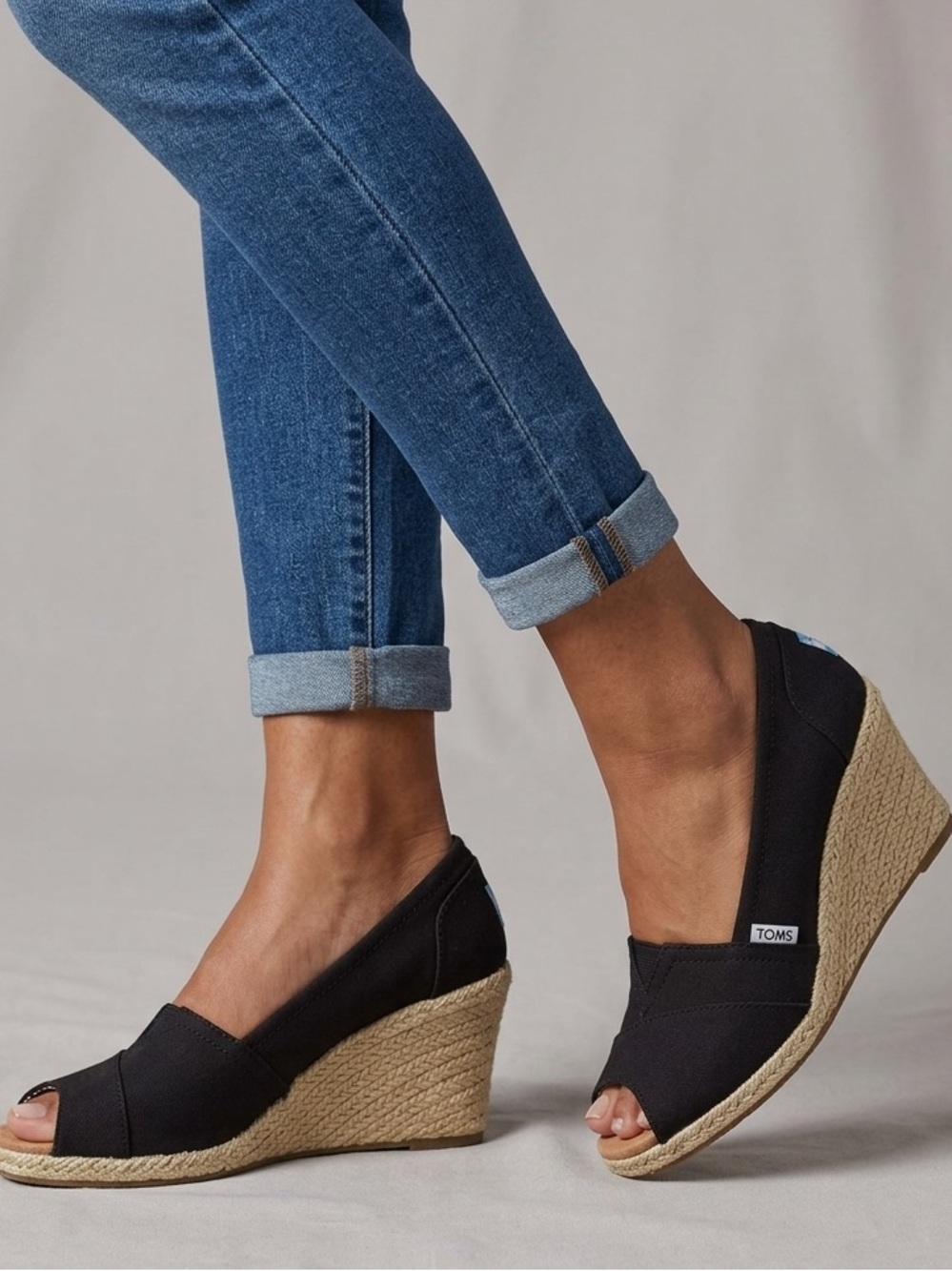 Toms Black Canvas Peep Toe Wedge Espadrilles